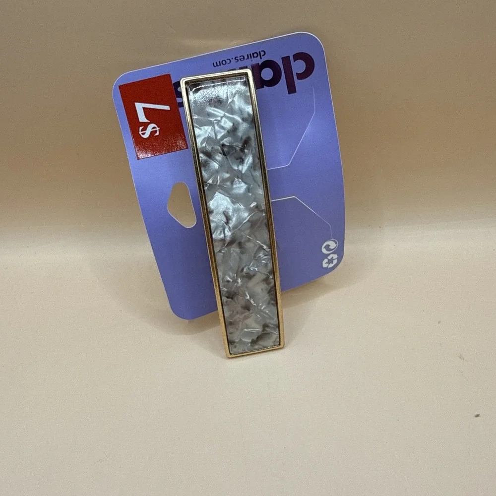 Claire's Rectange Silver Black Marble Print Barrette Hair Clip Gold Rim 3.5